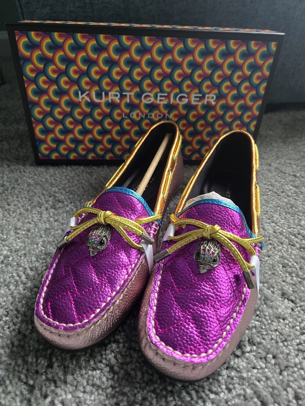 Kurt Geiger Metallic Fuchsia Quilted Driving Loafers with Multicolor Trim